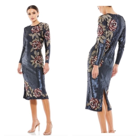 Mac Duggal Dresses & Skirts - Mac Duggal 93624 NWT SEQUINED ASYMMETRICAL FLORAL LONG SLEEVE MIDI DRess